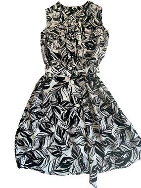 Mossimo Black White Leaf Print Sleeveless Dress Small Belted Flowy